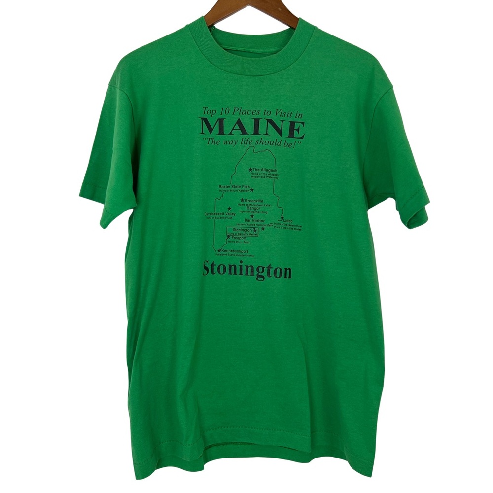 Vintage Green Graphic Tee Top 10 Places to Visit in Maine Single Stitch Large